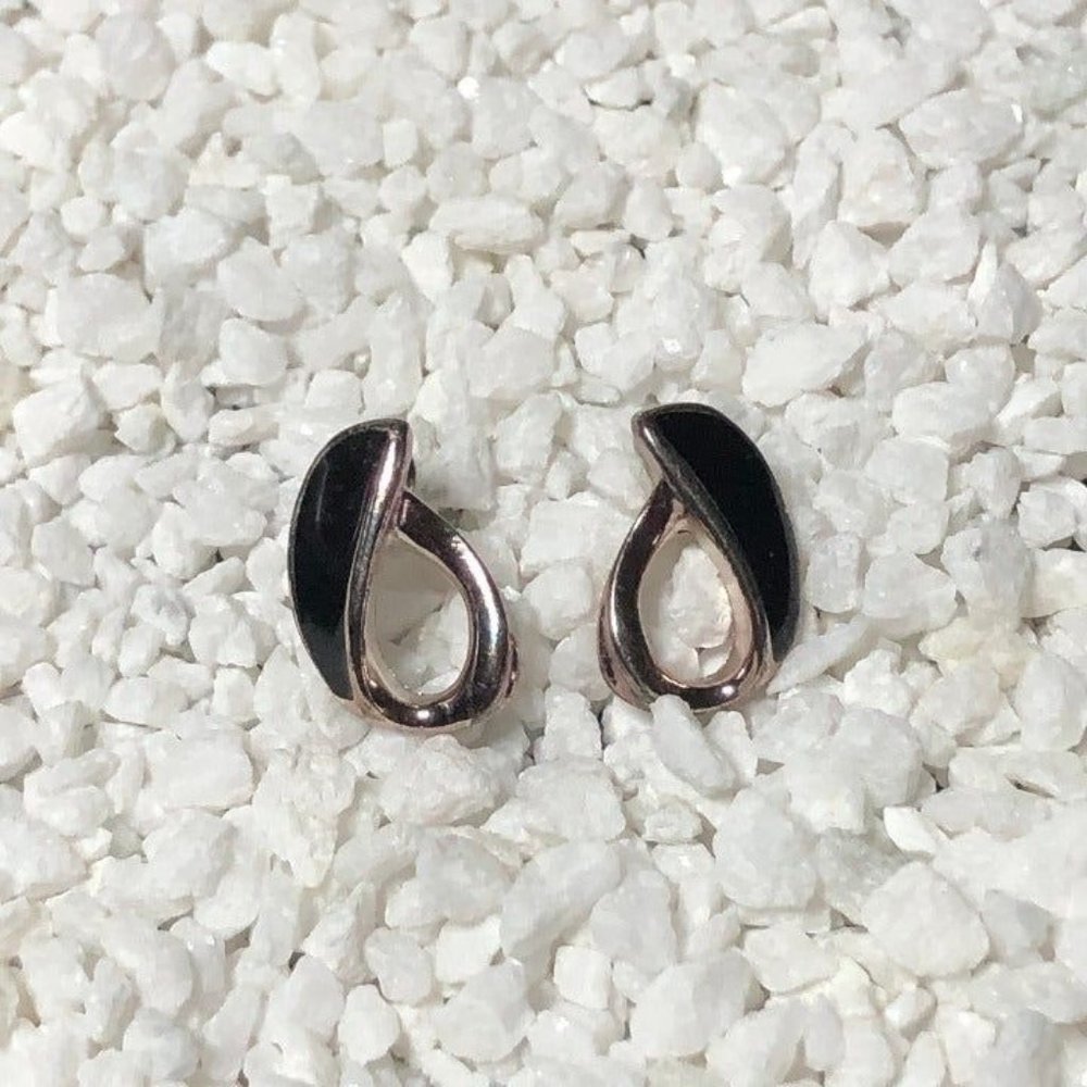 Trifari Silver-Tone & Black Enamel Stud Earrings